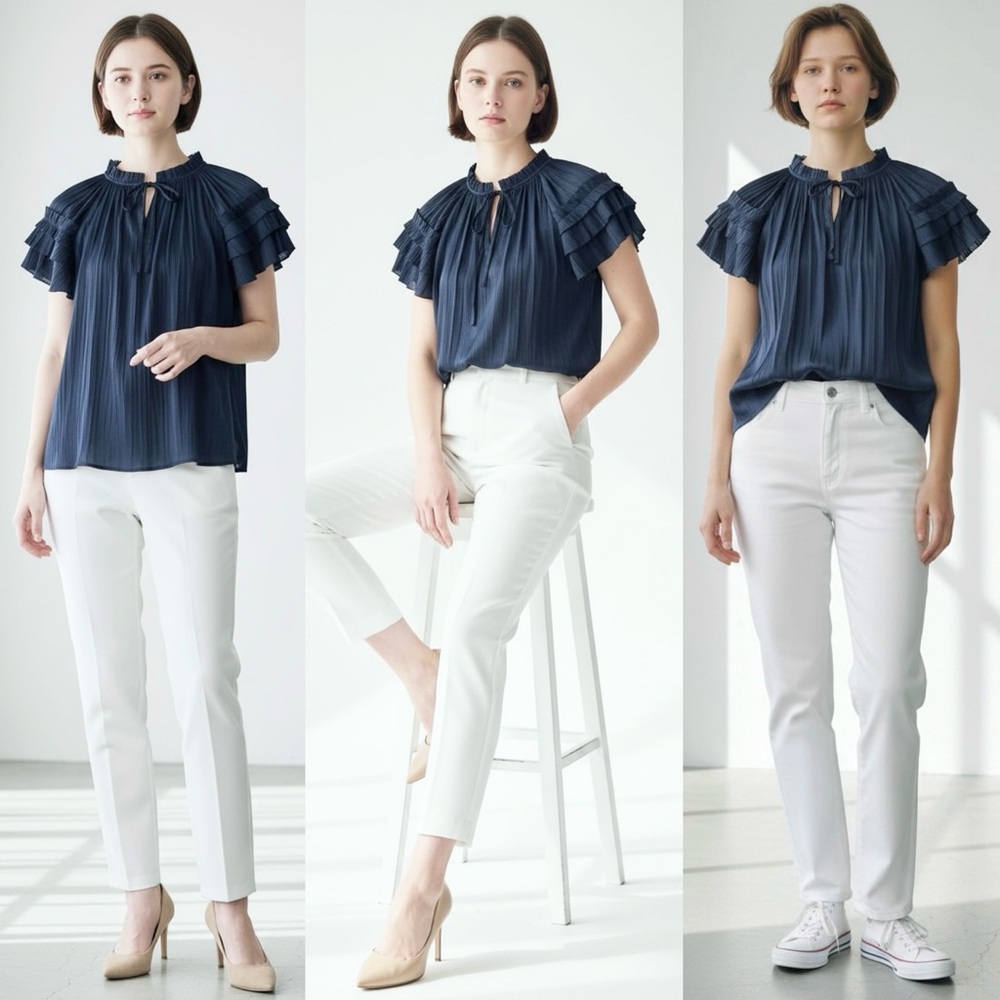 Evereve Ruffle Sleeve Satin Blouse Pleated Texture Relaxed Fit Tie Neck Flowing - Picture 8 of 11